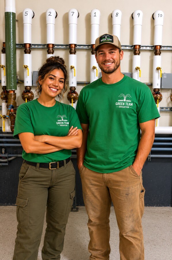 Two irrigation service contractors standing in a mechanical room