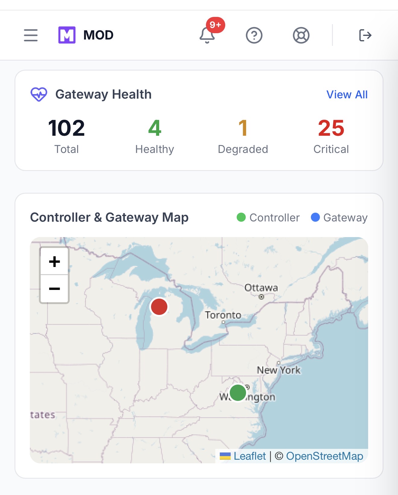 MODURA mobile gateway health screen with controller and gateway map