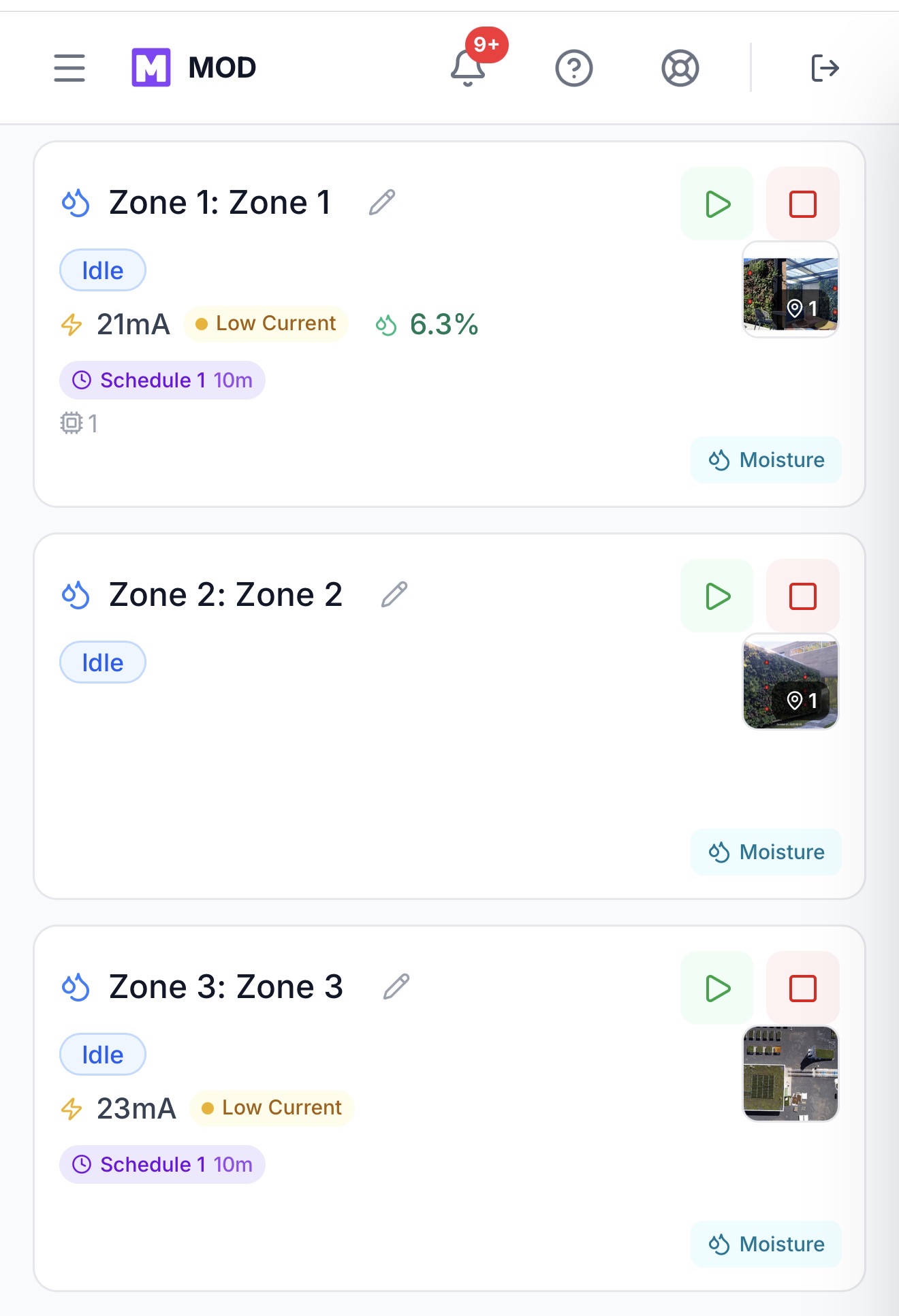 MODURA mobile zone control screen with moisture, current, schedule, and run controls