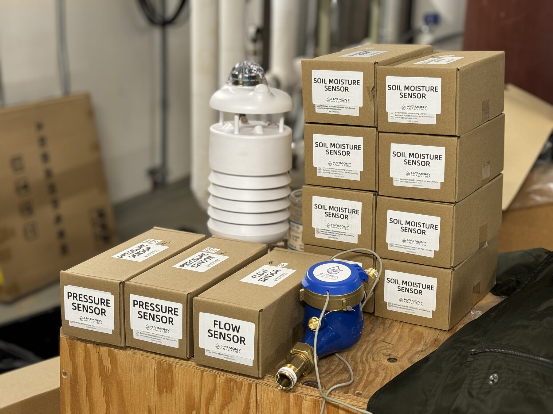 Flow, pressure, and soil moisture sensor packages ready for a connected irrigation project